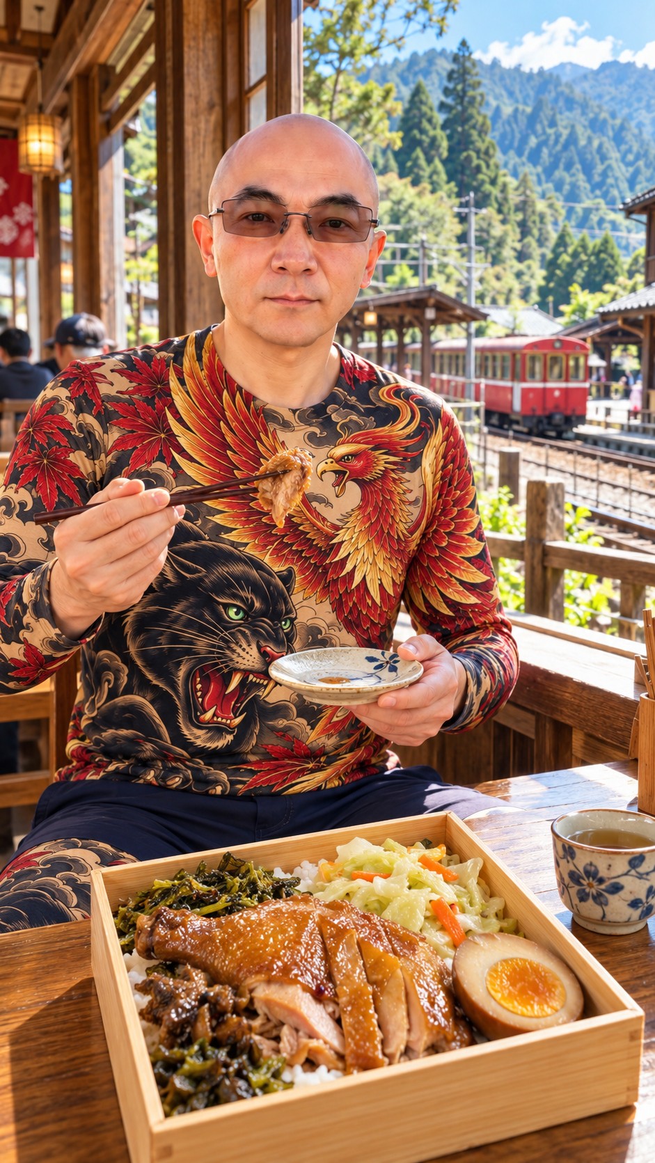 AI-generated Fenqihu railway bento meal with chicken, rice, egg and vegetable side dishes