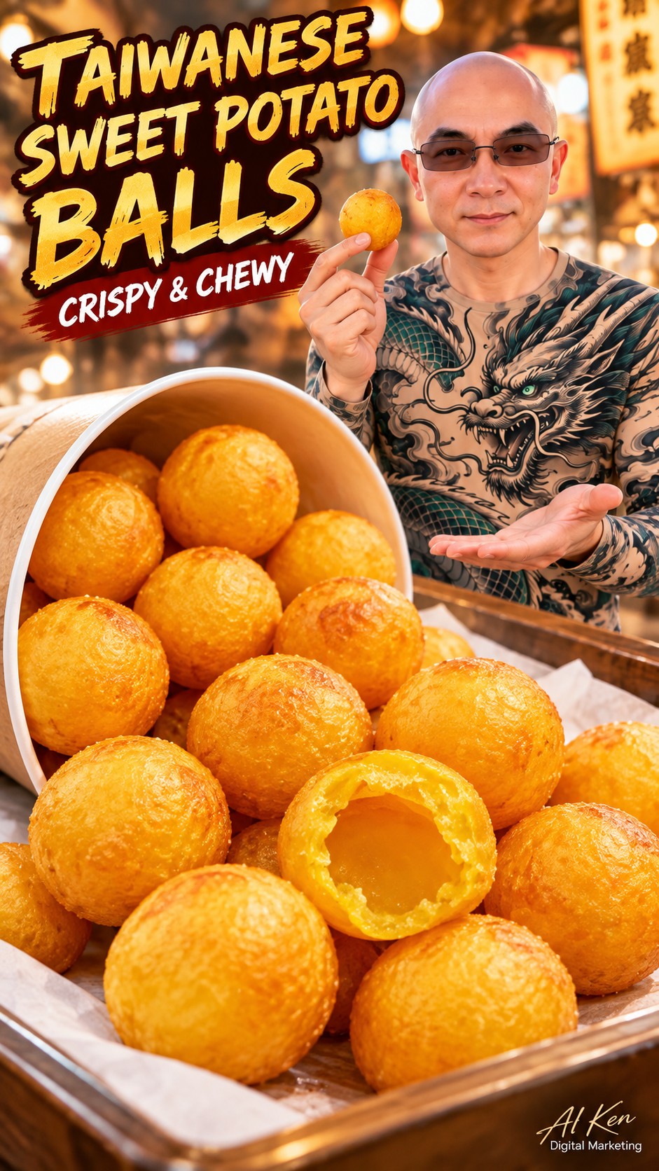 Preparing Taiwanese sweet potato balls with a long-handled pressing tool during frying