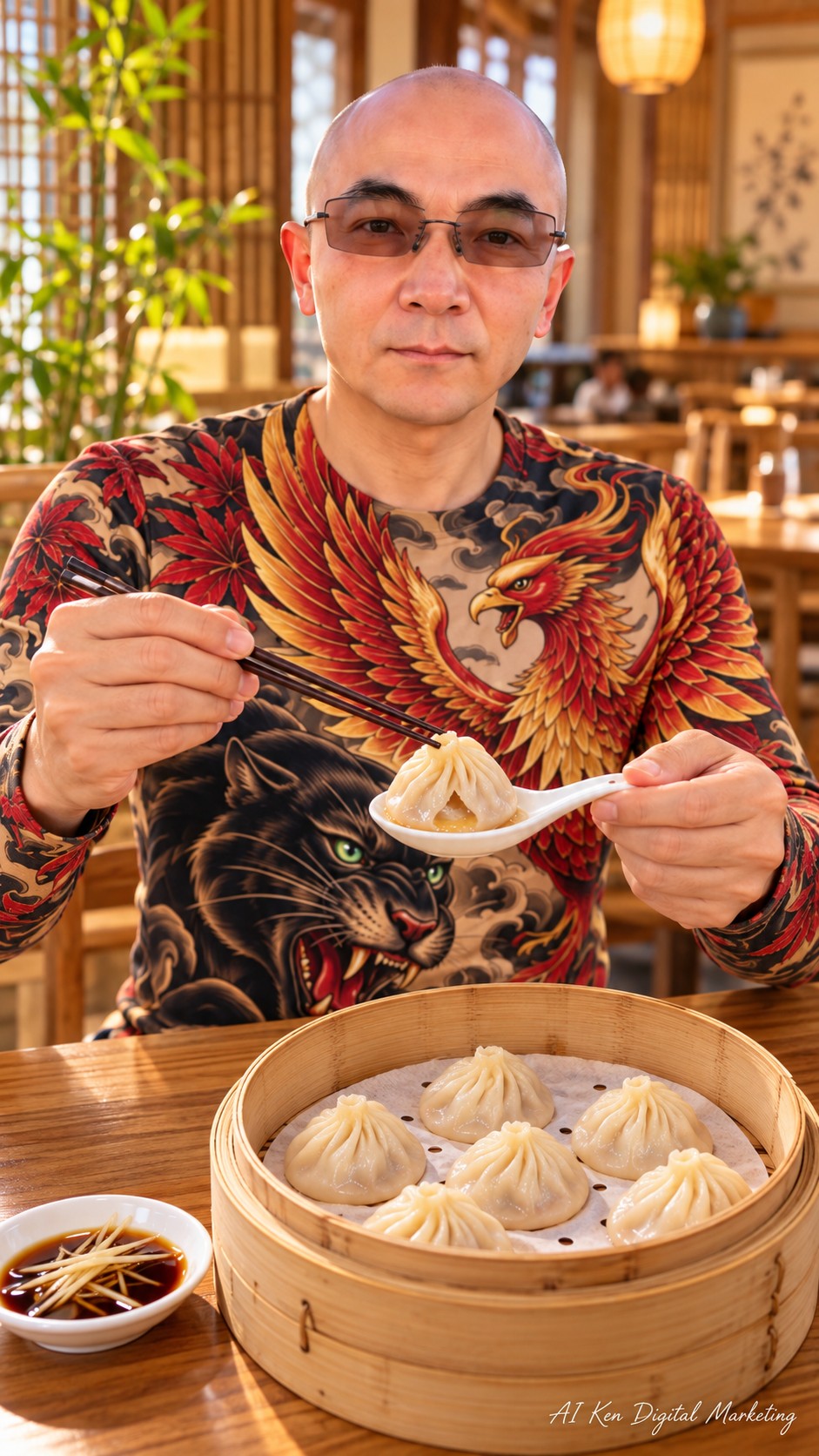Preparing to taste a spoon-supported soup dumpling with a bamboo steamer and ginger dipping sauce