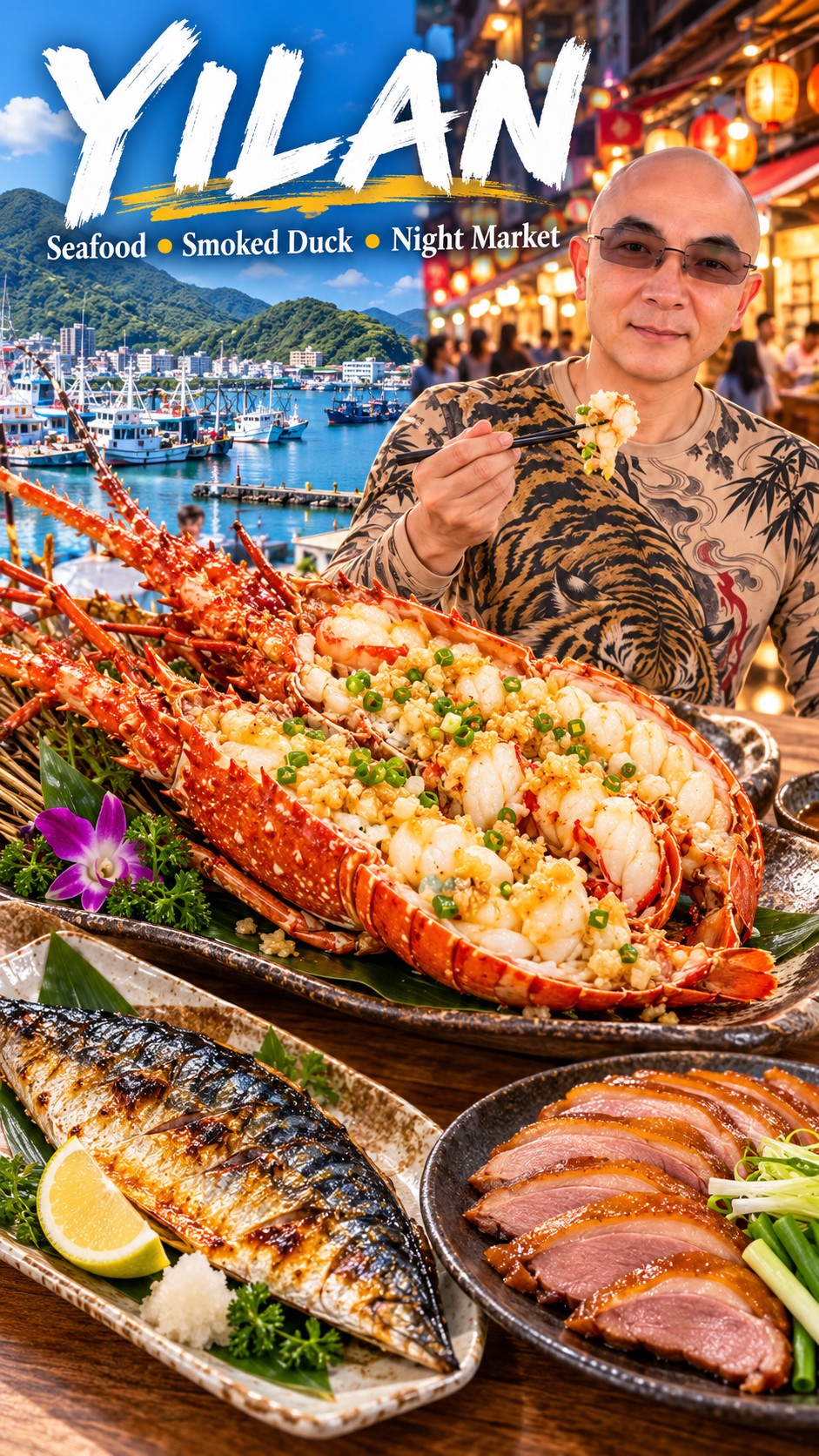 Yilan food and travel illustration featuring lobster, grilled mackerel, smoked duck and night market scenery
