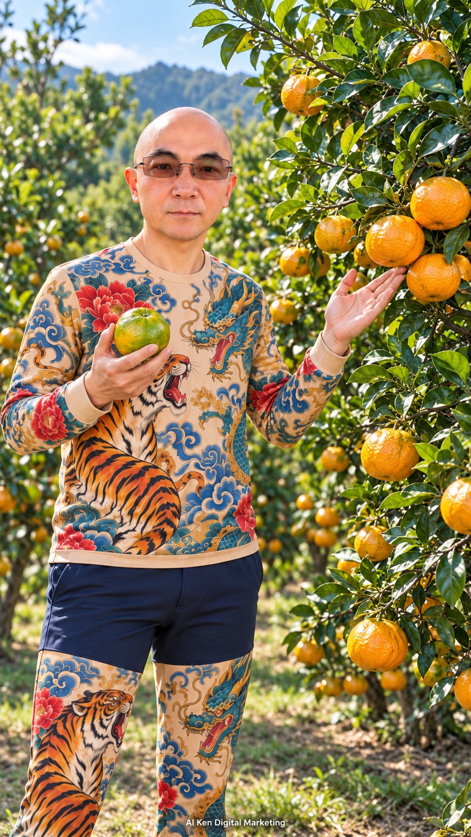 AI Ken holding a green-skinned Ponkan mandarin beside orange fruit growing in a Taiwan citrus orchard