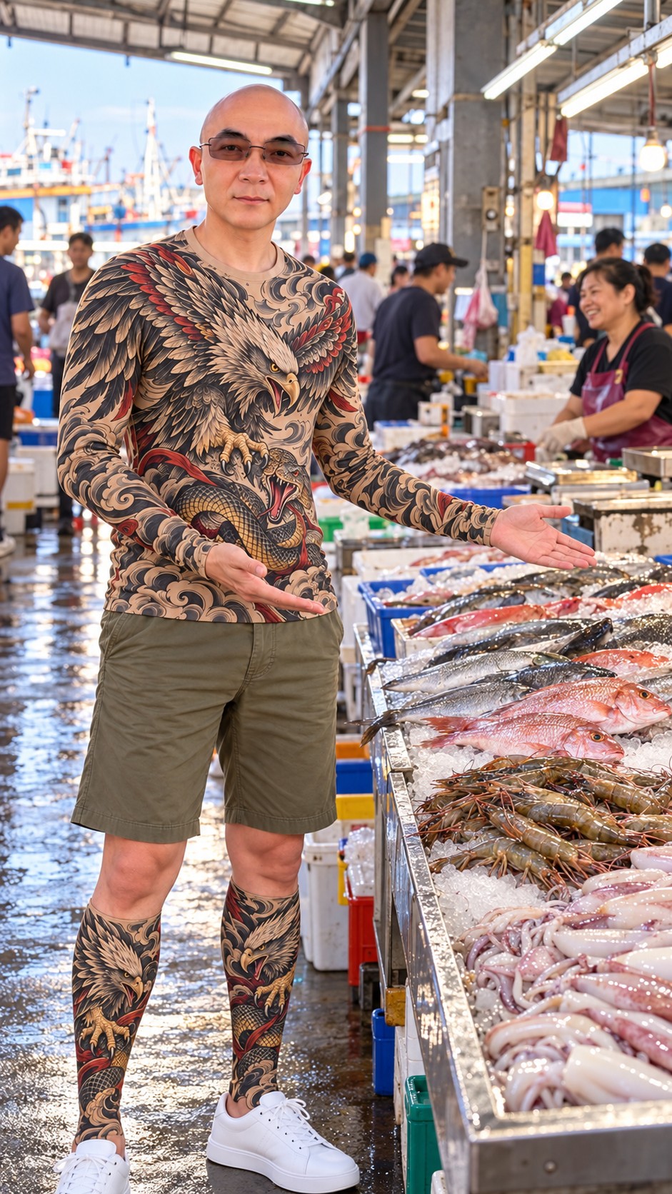 AI Ken introducing a seafood market display with fish, prawns, and squid in a Wuqi Fishing Harbor travel scene