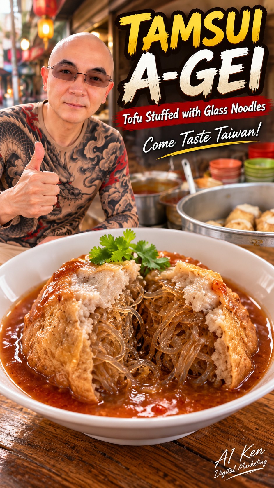 AI-generated Tamsui A-gei cut open to reveal glass noodles inside tofu with a fish-paste seal and reddish-brown sauce