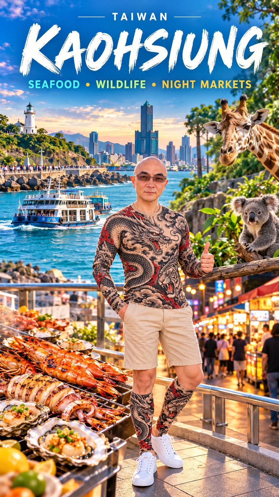 AI-generated Kaohsiung travel poster combining coastal scenery, seafood, animal imagery, and night-market lights