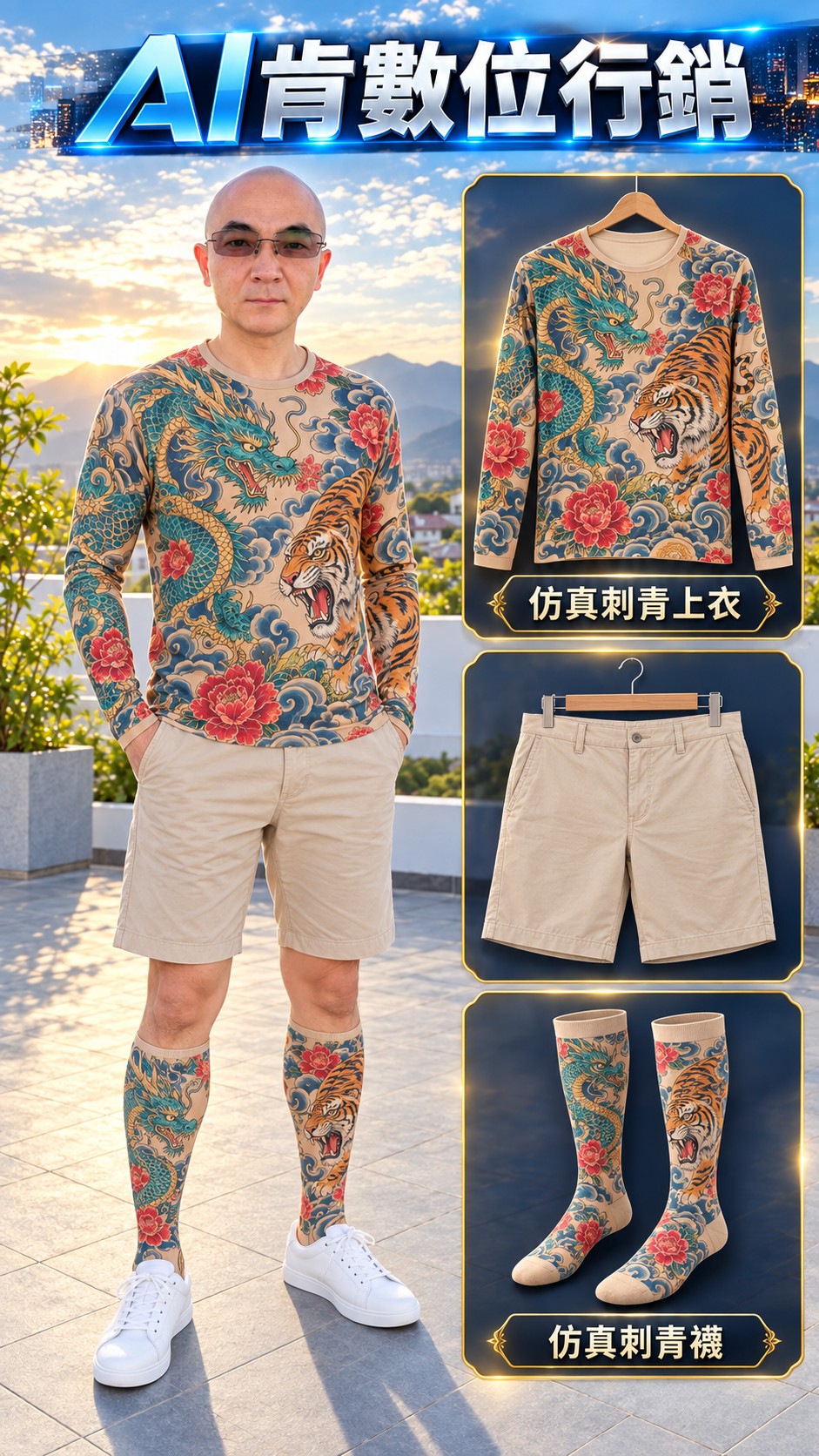 AI龍虎花卉圖騰仿刺青上衣與襪子穿搭，搭配卡其短褲及服飾示意