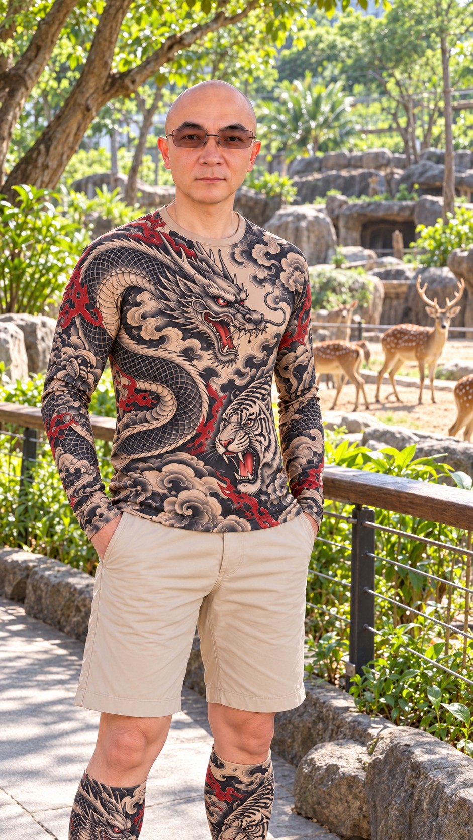 AI-generated zoo outing illustration showing AI Ken on a leafy visitor path with deer behind a barrier