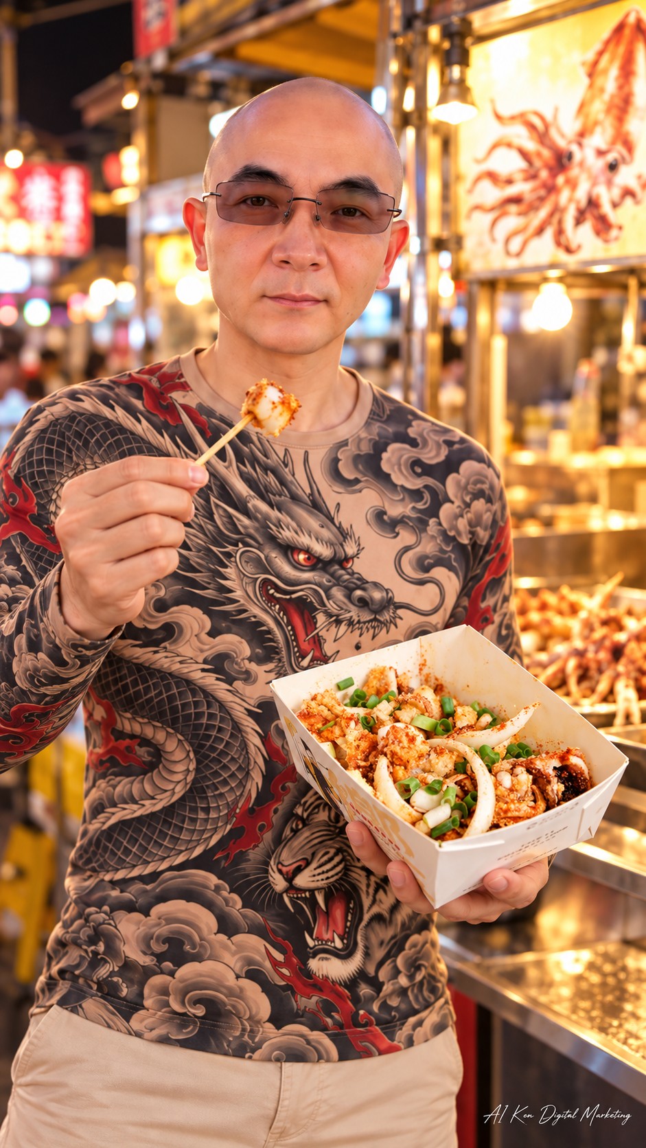 AI-generated host holding a small cooked squid bite on a food pick and a tray of seasoned crispy fried squid