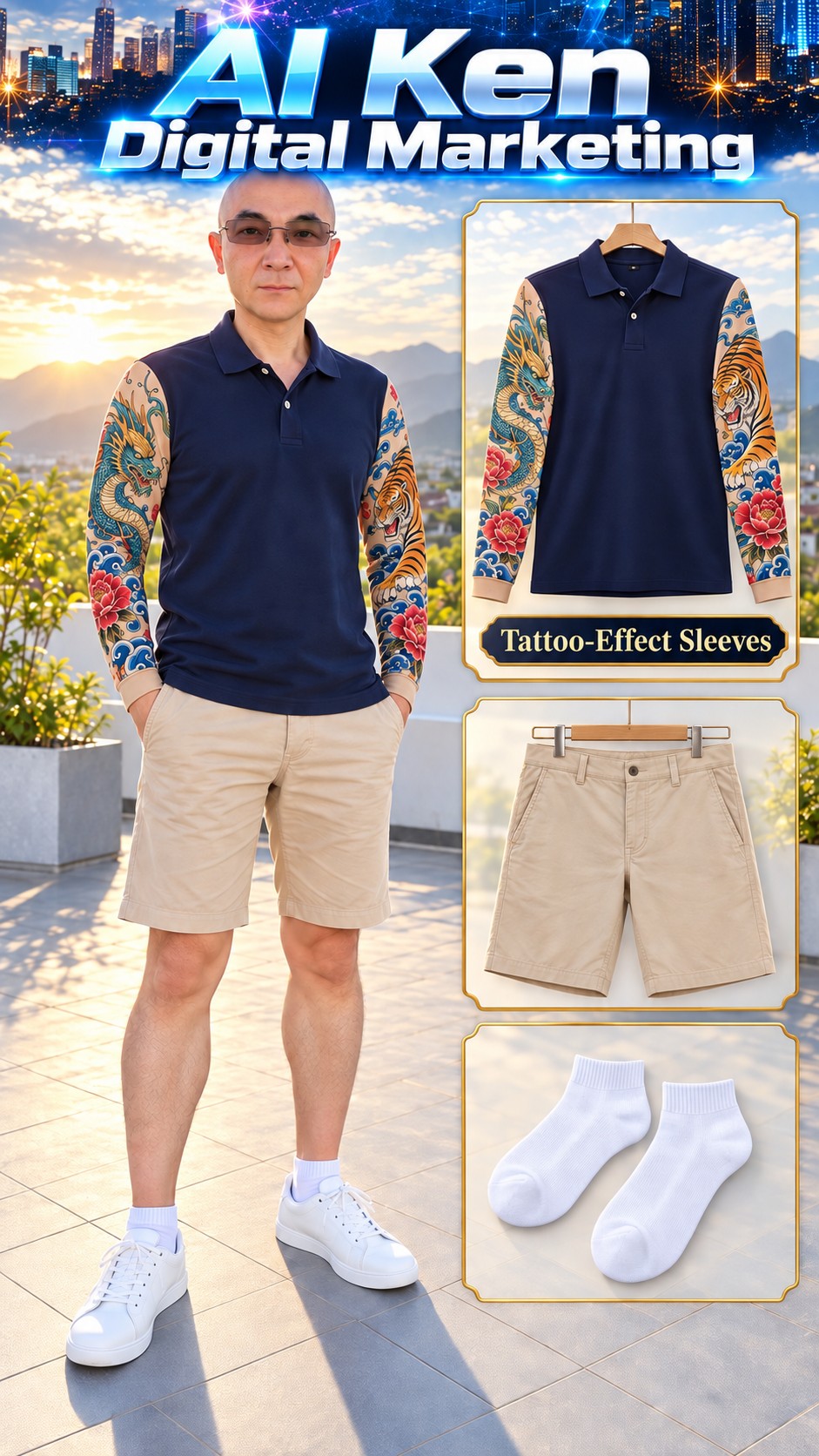 AI-generated navy top with colorful tattoo-effect sleeves, beige shorts and white footwear