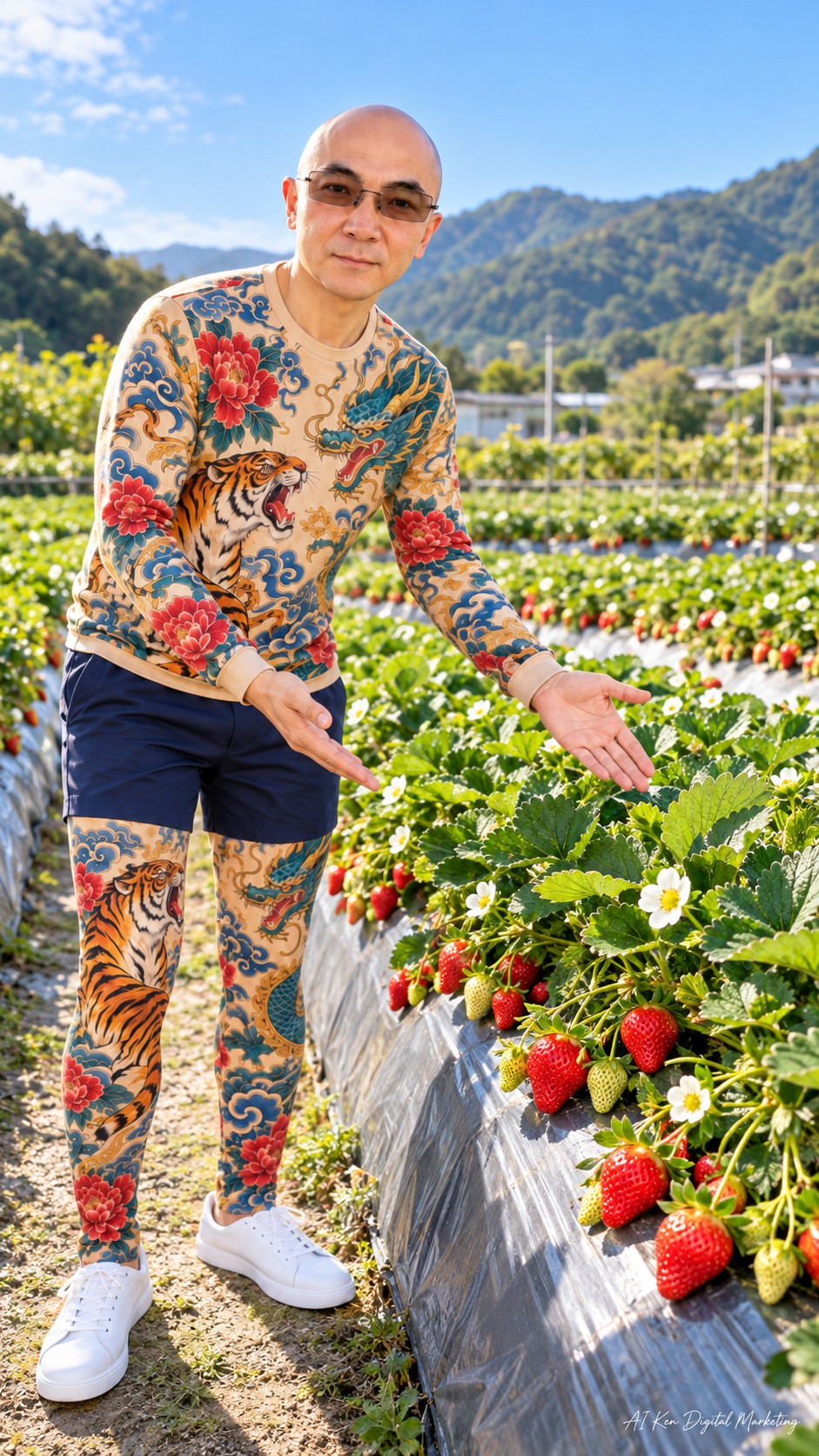 AI Ken introducing low-growing strawberry plants with white flowers and ripe red berries in a Taiwan strawberry field