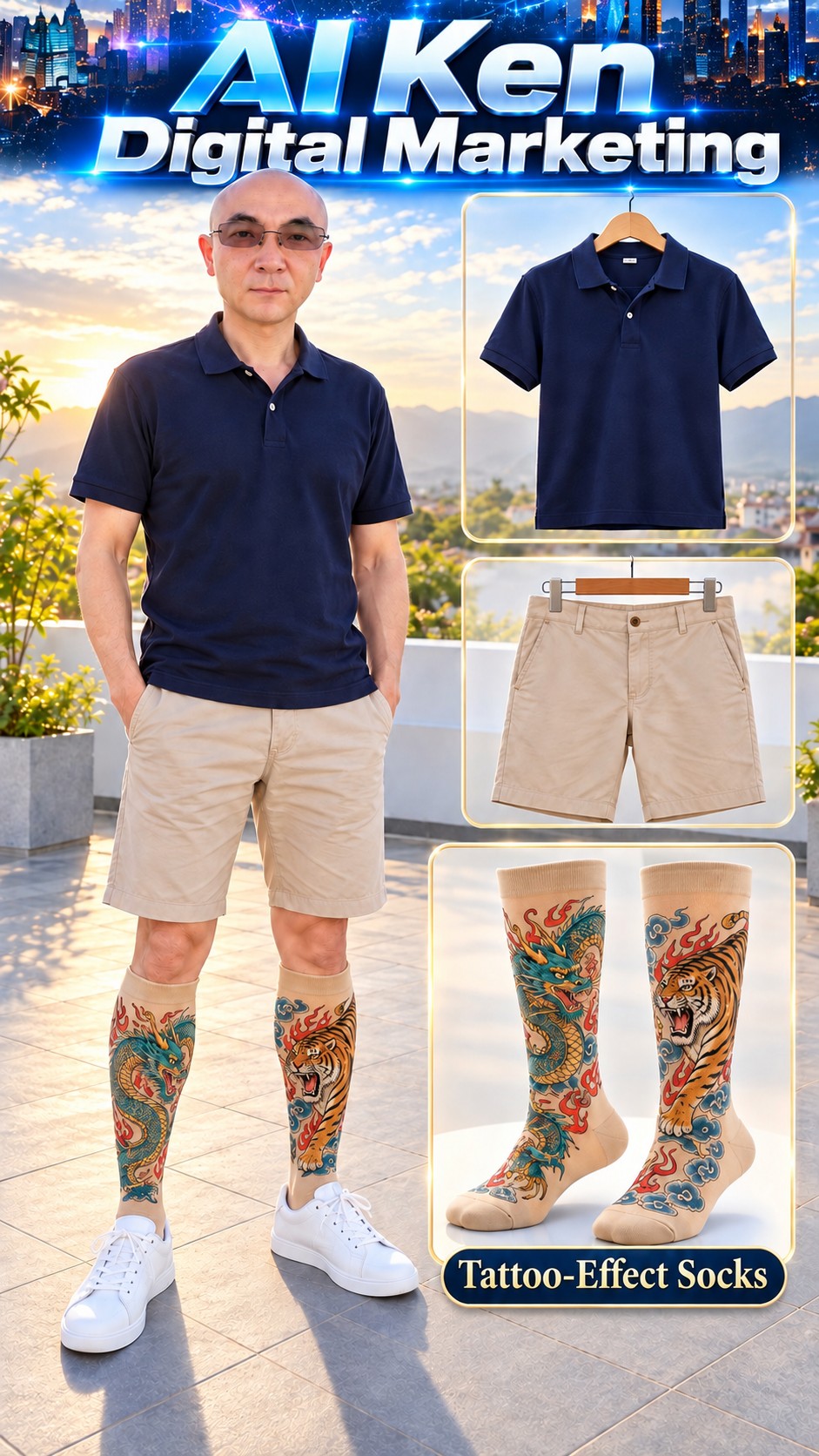 AI fashion concept featuring dragon and tiger tattoo-effect socks with a navy polo shirt and beige shorts