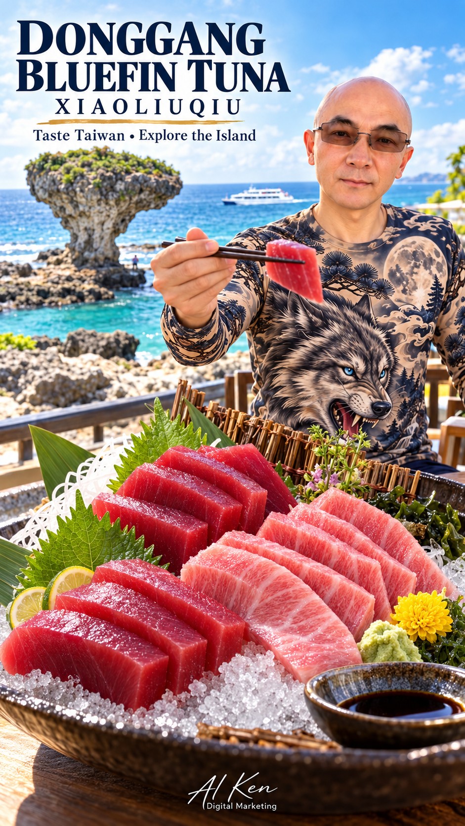 AI Ken's Donggang bluefin tuna and Xiaoliuqiu food-and-travel illustration