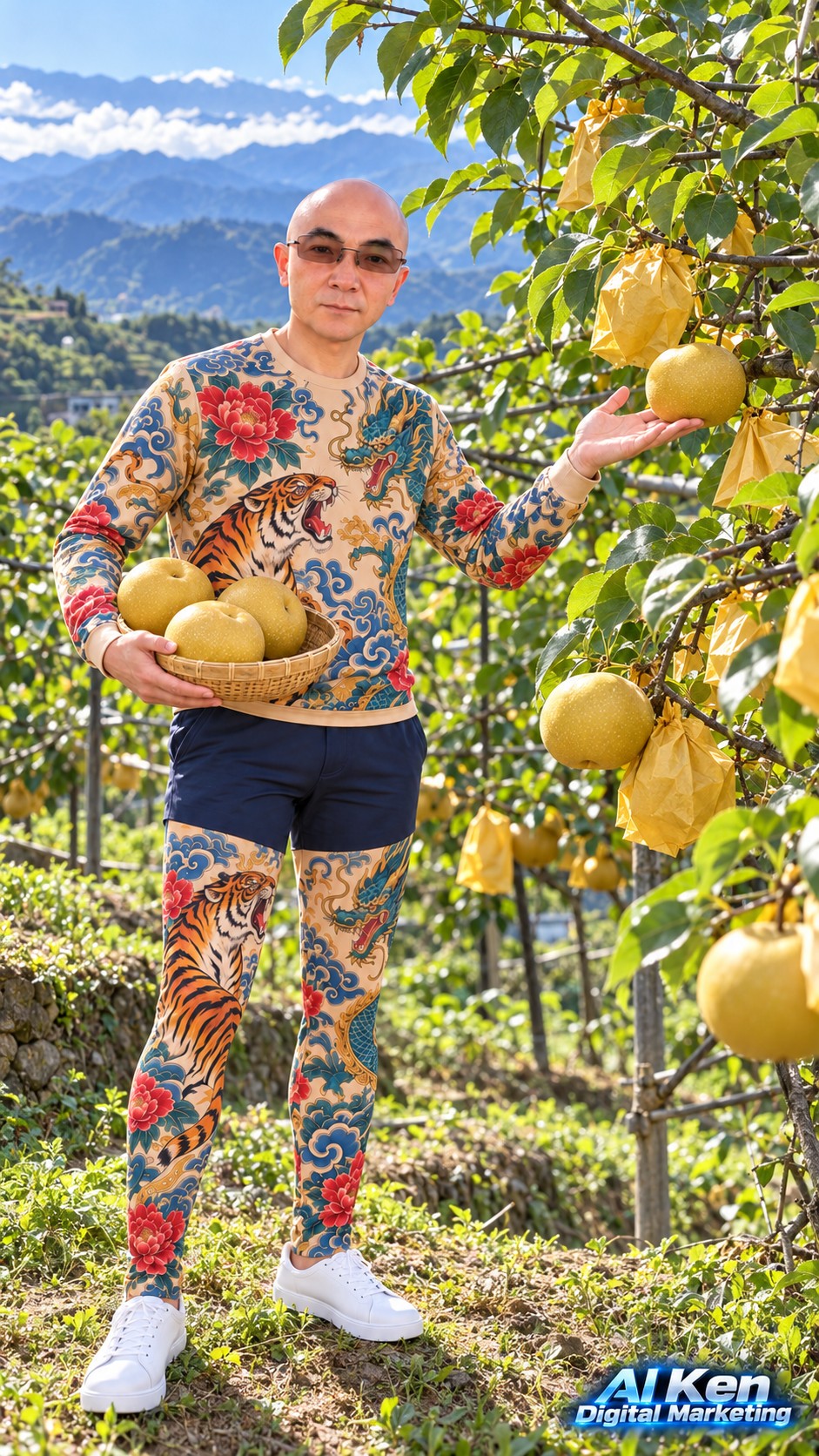AI Ken introducing round Asian pears and paper fruit bags in a Taiwanese mountain orchard