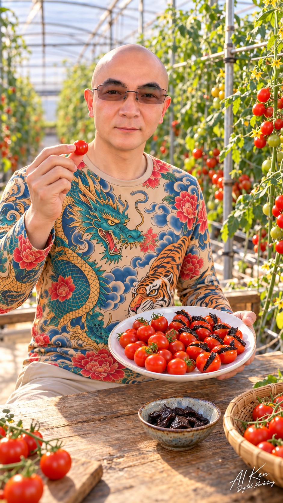 AI Ken presenting plain cherry tomatoes and cherry tomatoes stuffed with dark preserved plum pieces