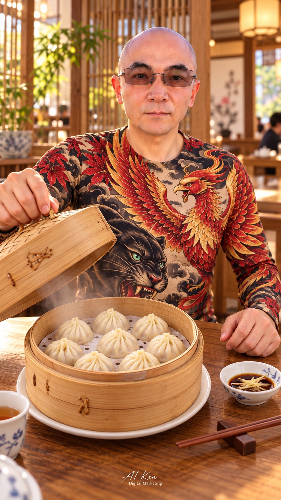 An opened xiaolongbao supported by a spoon, showing cooked pork filling and broth