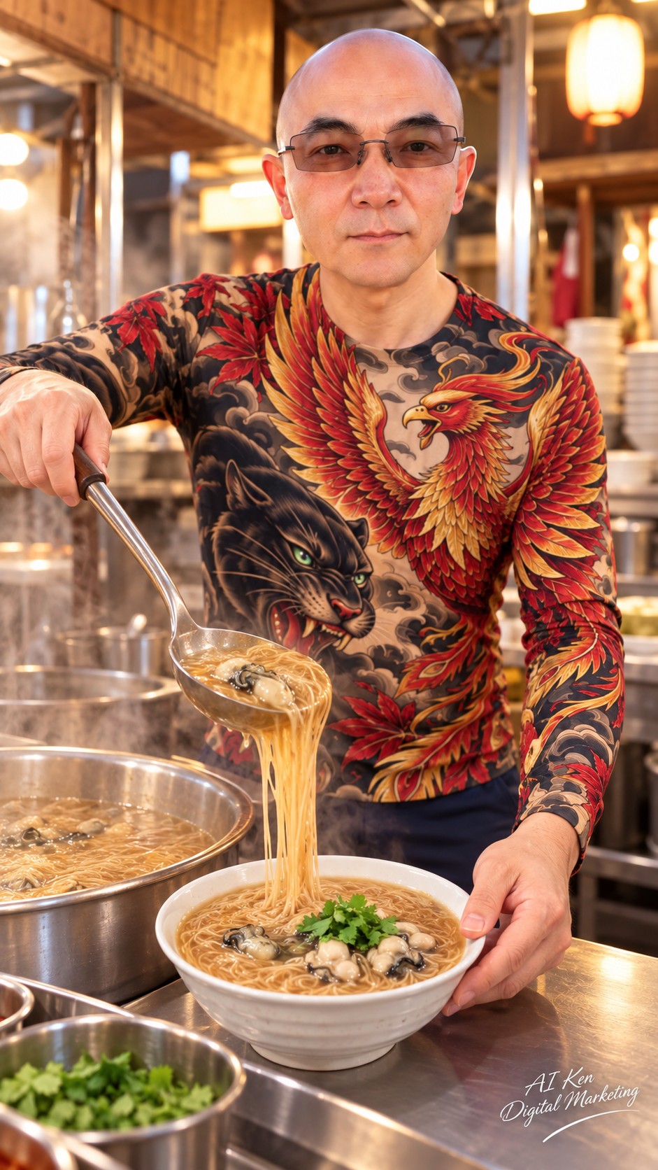 AI-generated host ladling cooked oyster mee sua from a pot into a white bowl