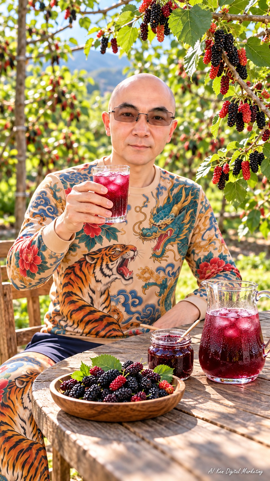 AI Ken presenting a mulberry drink with fresh mulberries and fruit preparations on the table