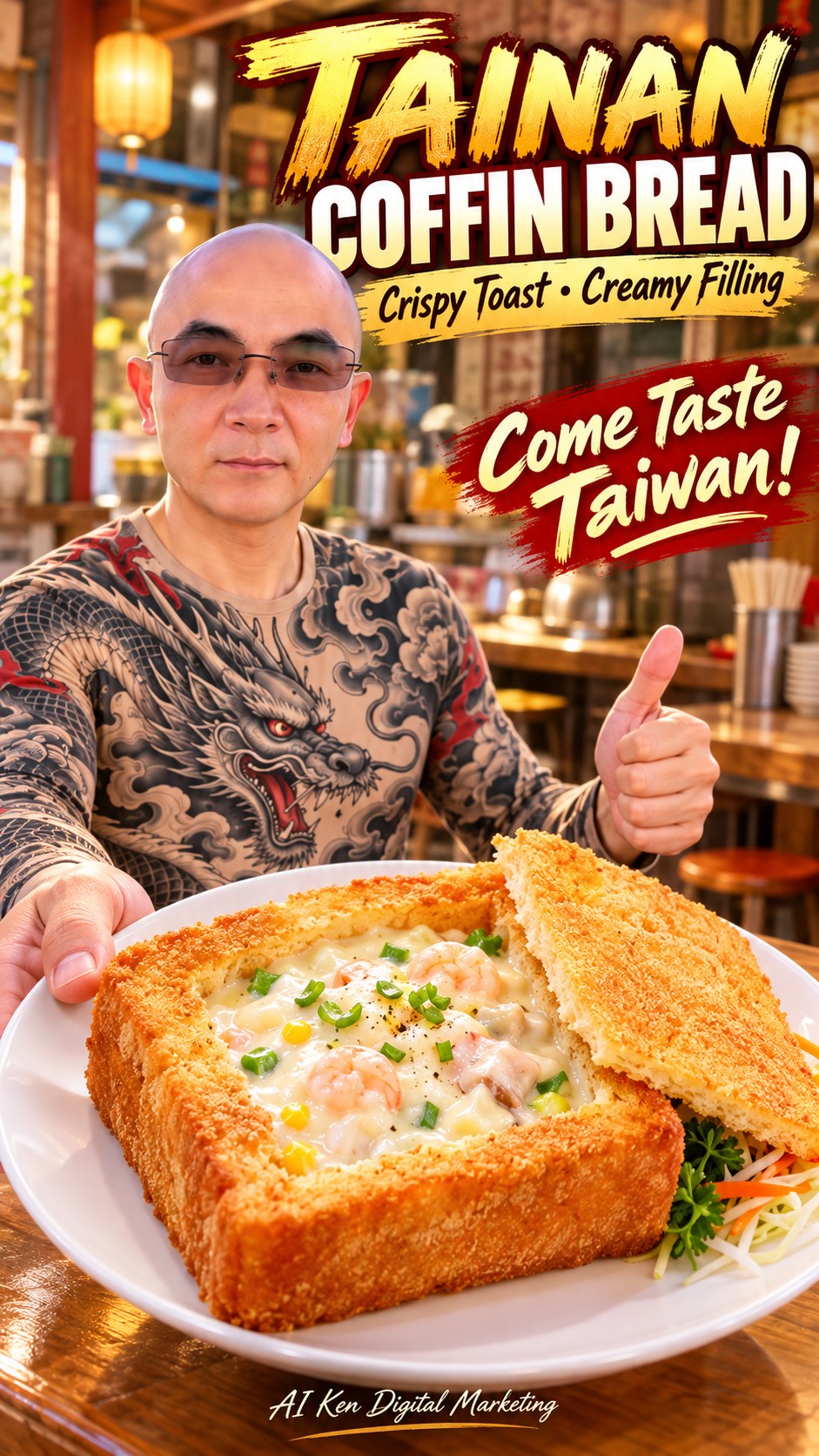 AI-generated Tainan coffin bread with a golden fried toast box, creamy seafood filling and edible toast lid