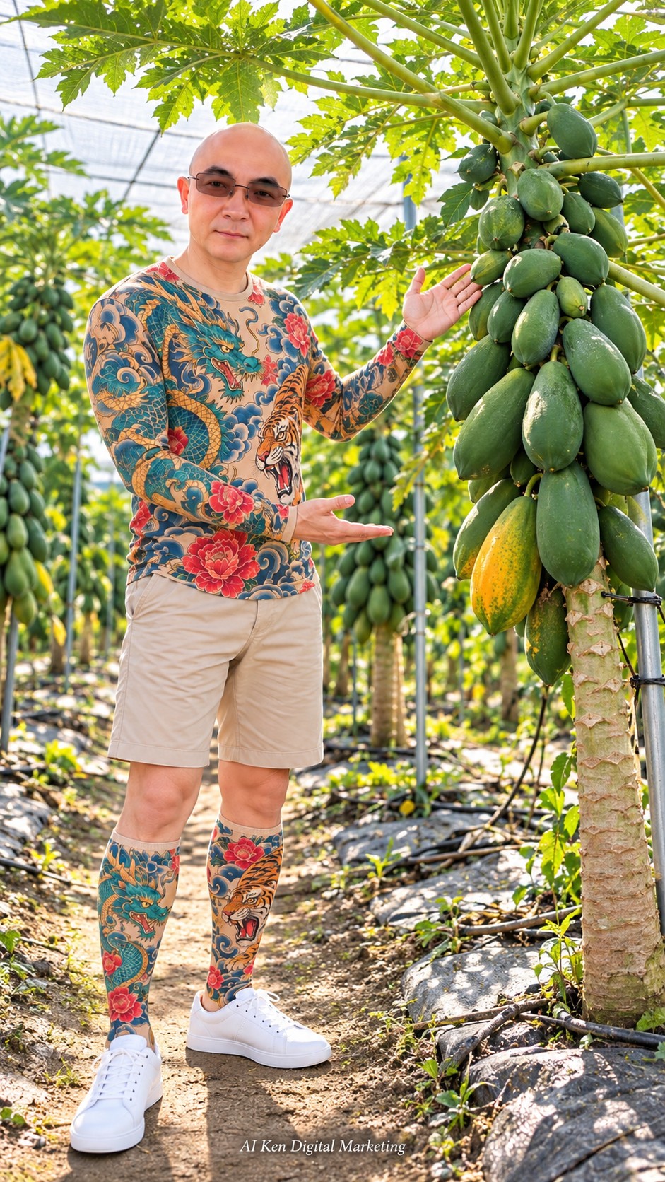AI Ken introducing green and yellowing papayas growing close to the trunk beneath large leaves in a Taiwan orchard