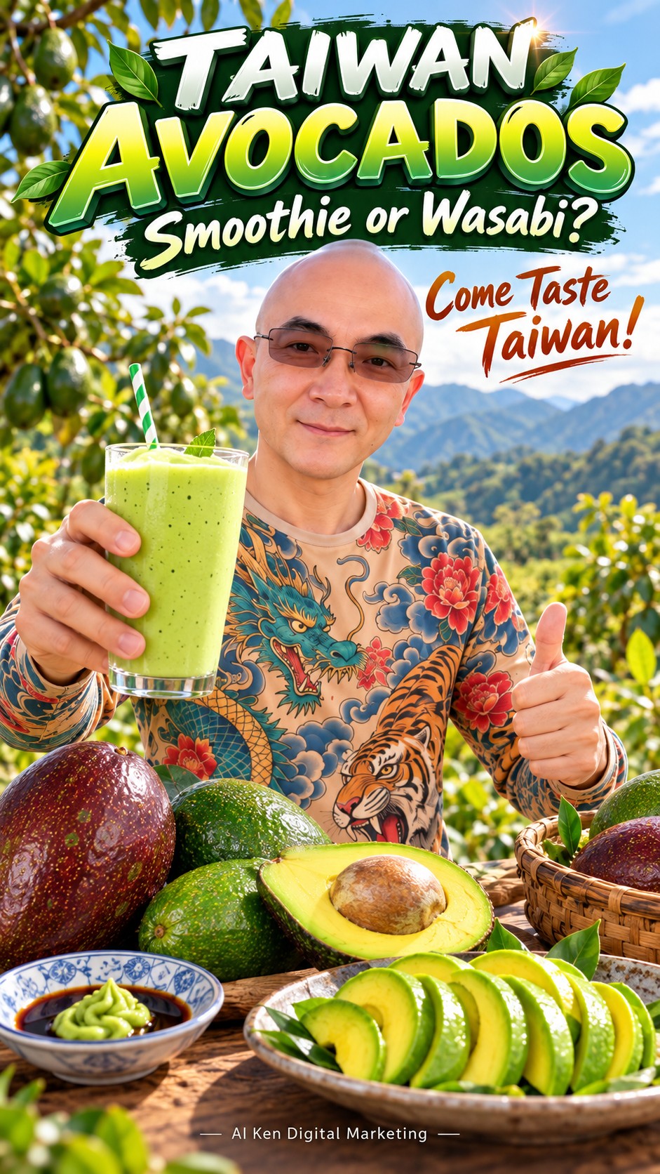 Taiwan avocados with AI Ken, an avocado milk smoothie and sliced avocado with wasabi