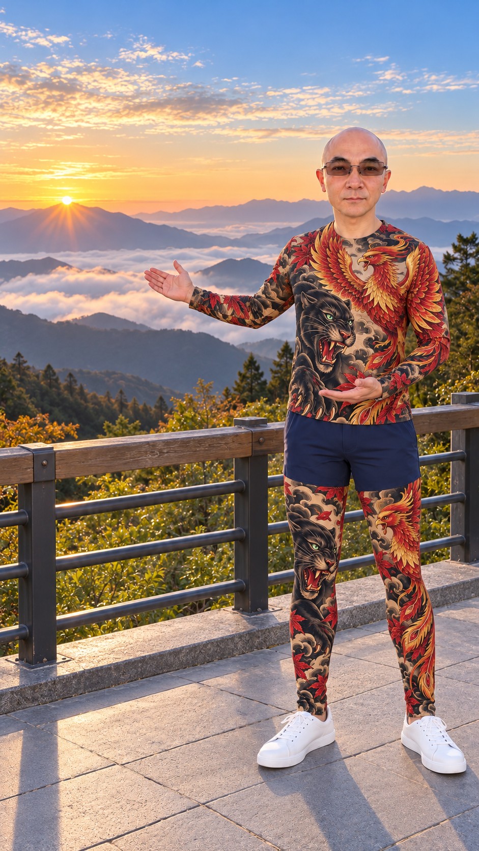 AI-generated Alishan sunrise illustration with layered mountains, low clouds and a presenter on a viewing terrace