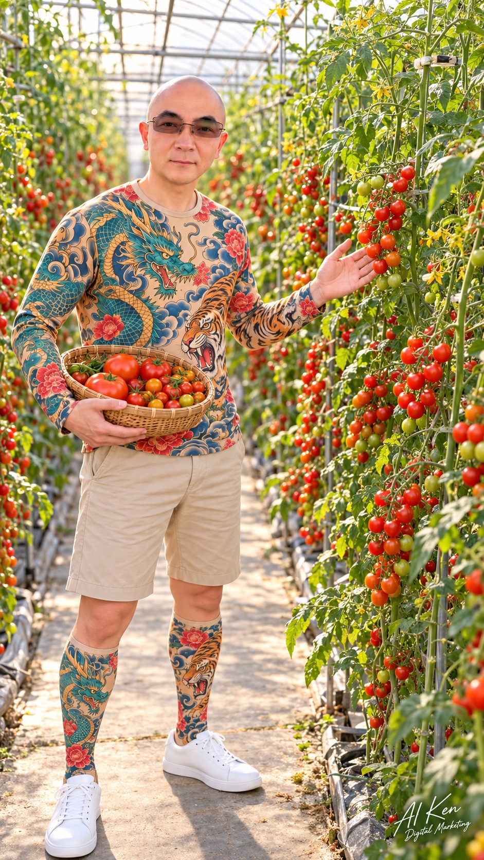 AI Ken introducing ripe red and unripe green tomatoes in a greenhouse while holding a basket of large and cherry tomatoes