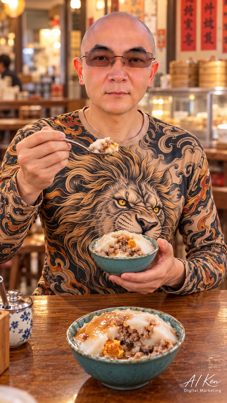 AI Ken presenting a spoonful of Taiwanese savory rice pudding