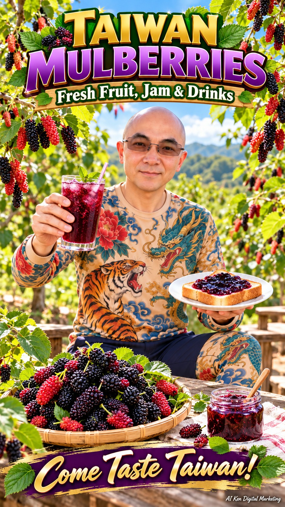 Taiwan mulberries with fresh fruit, mulberry jam toast and a mulberry drink