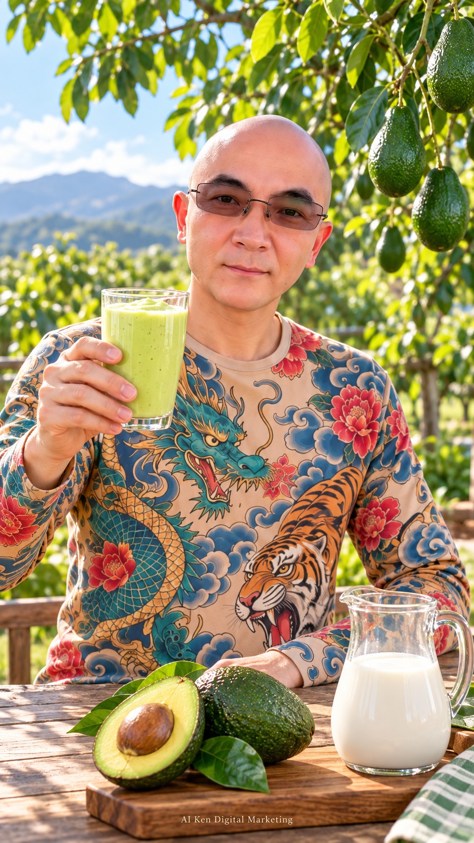 AI Ken holding a pale-green avocado milk smoothie with fresh avocado and milk on the table