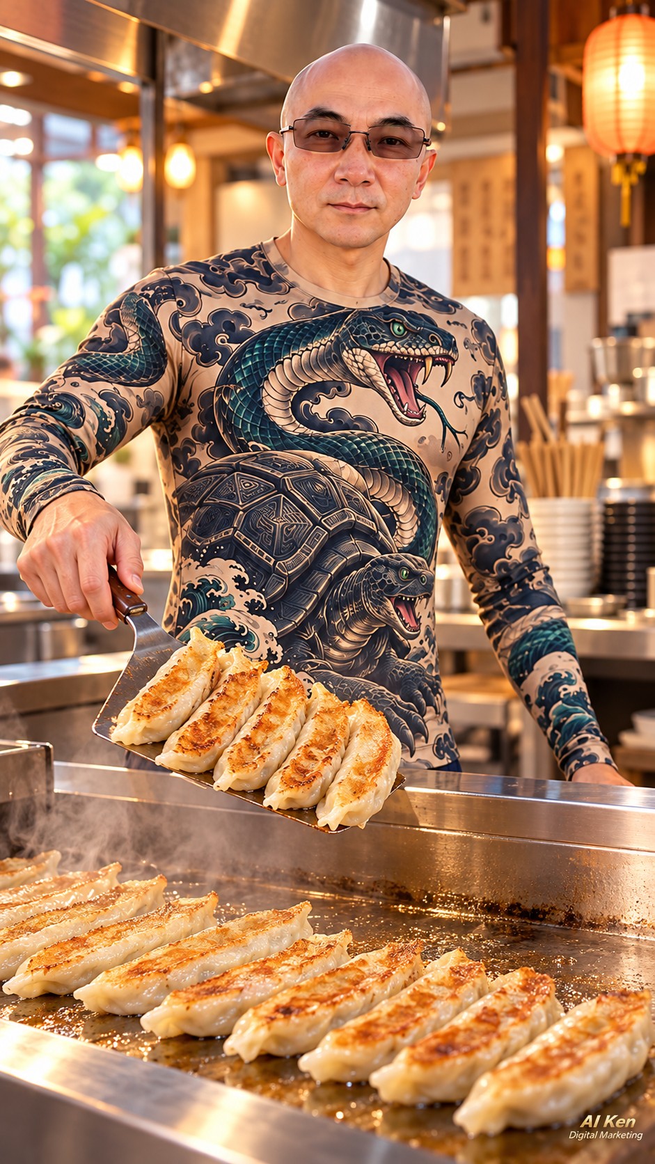 AI Ken using chopsticks to display a cut Taiwanese potsticker with cooked pork and cabbage filling