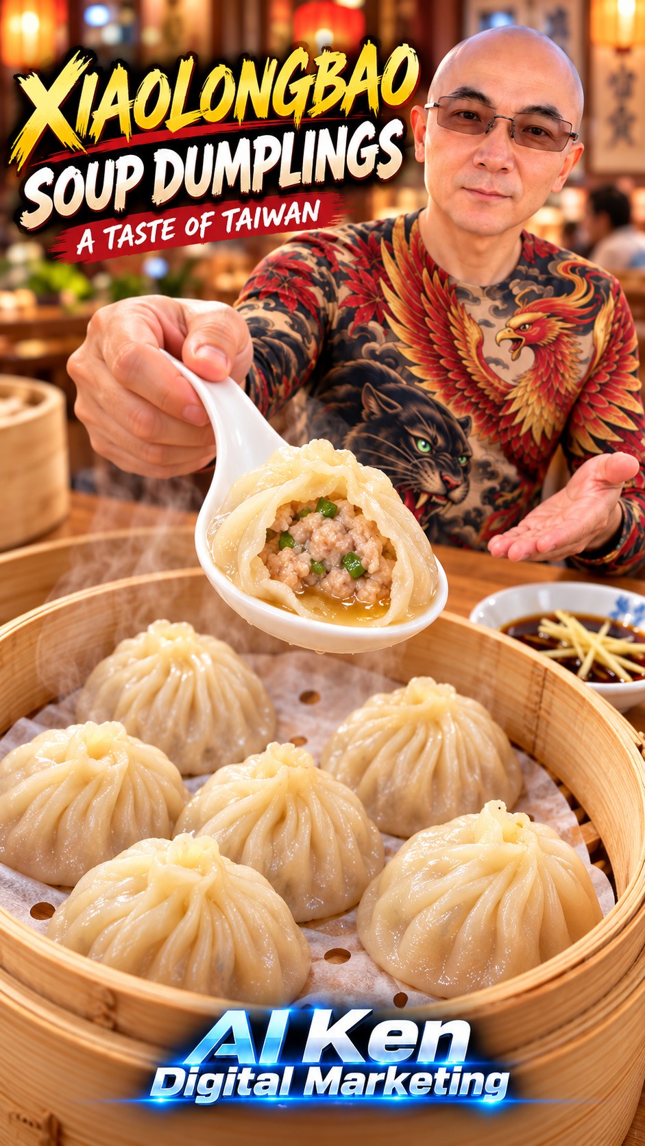 Opening a bamboo steamer filled with pleated xiaolongbao soup dumplings