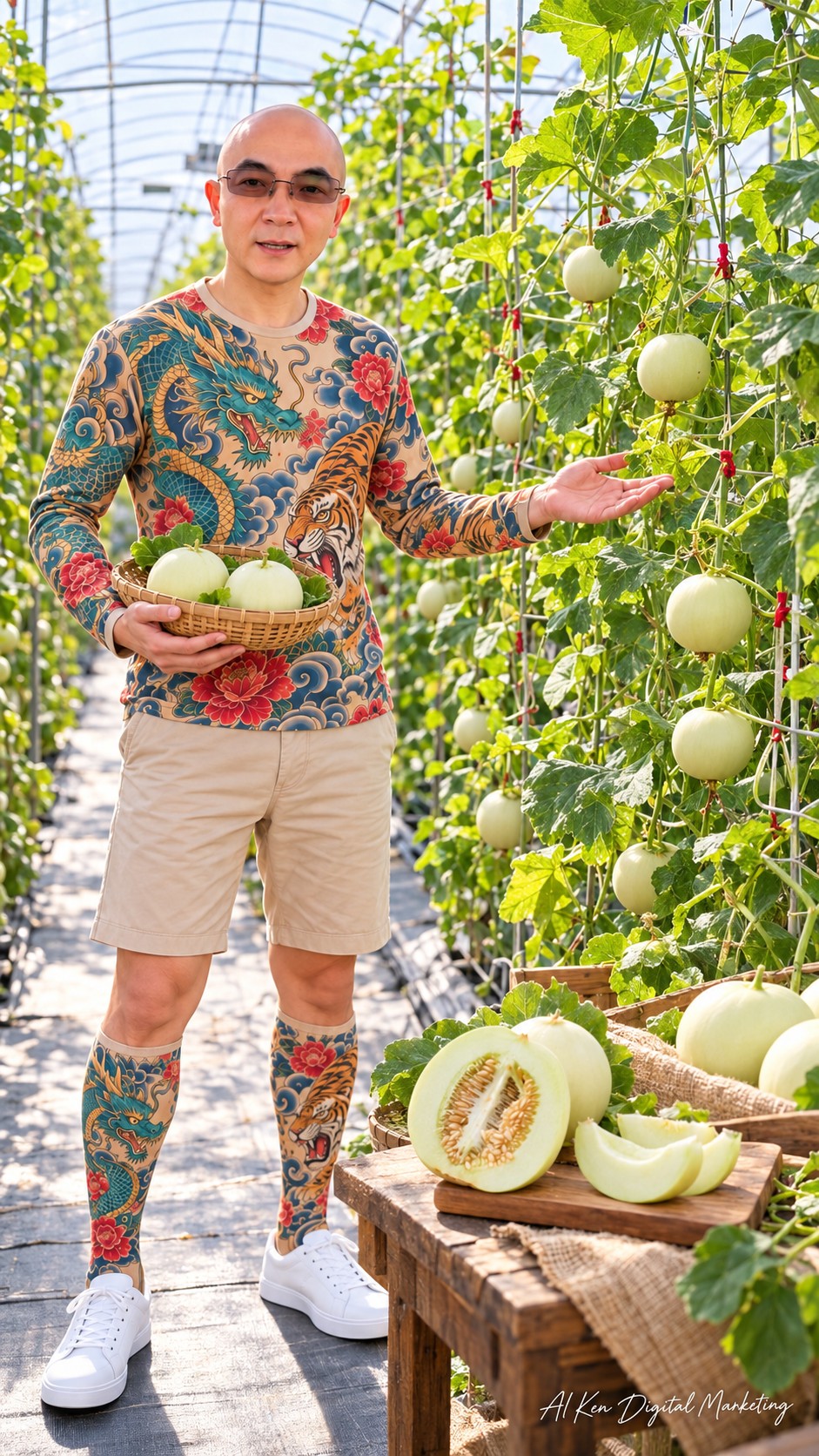 AI Ken introducing smooth pale Meinong melons growing on supported greenhouse vines