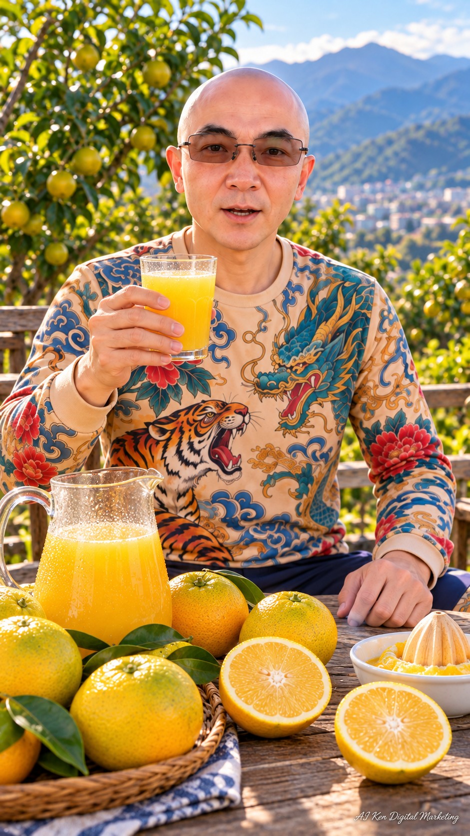 AI Ken holding a glass of Taiwan orange juice beside fresh oranges and a citrus juicer