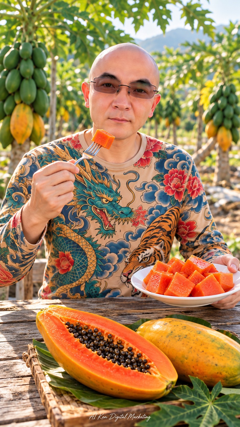 AI Ken holding a forkful of orange papaya beside a plate of papaya cubes and a halved fruit showing its black seeds
