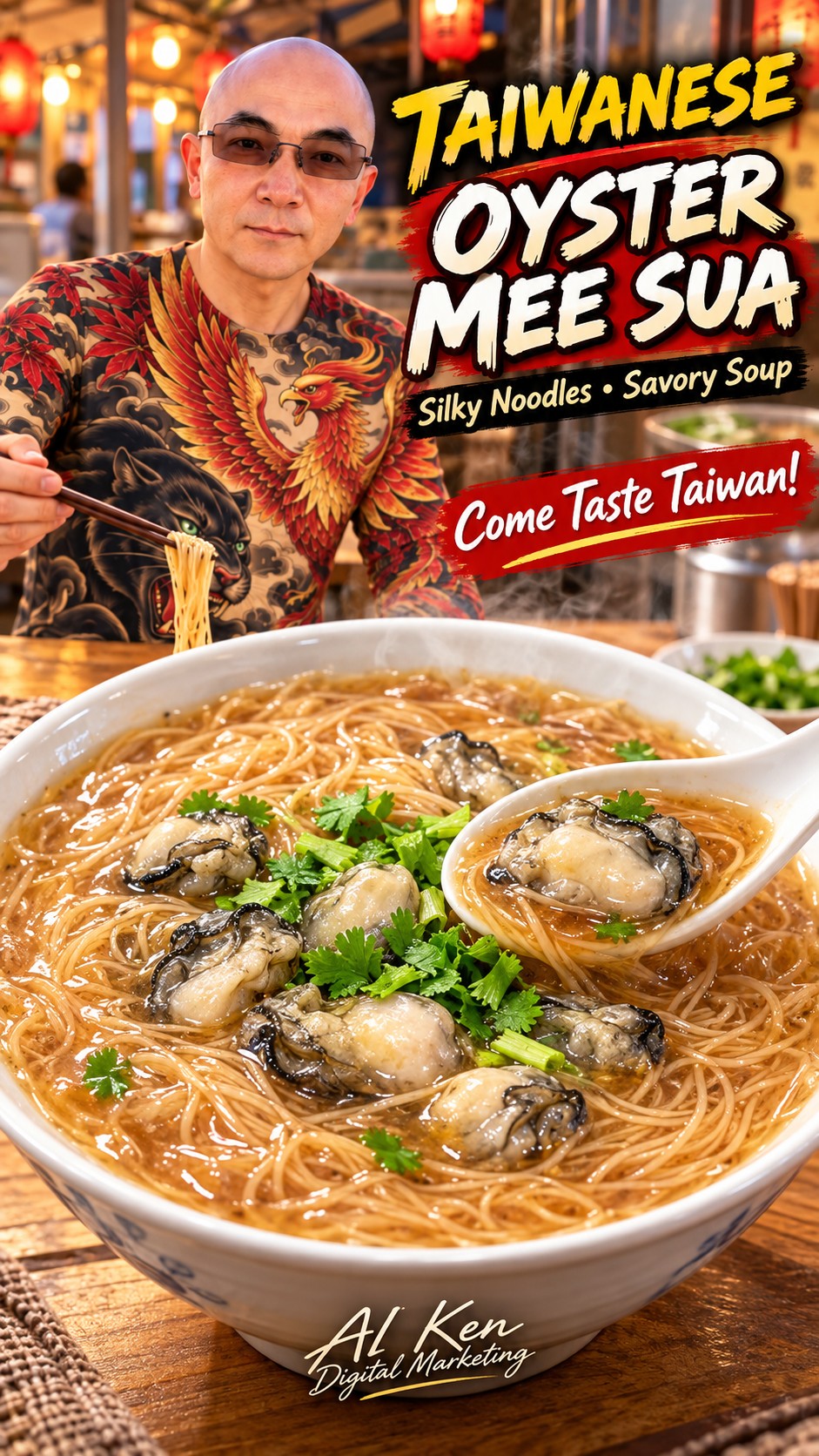 AI-generated close-up of Taiwanese oyster mee sua with fine noodles, cooked oysters and cilantro in thickened soup