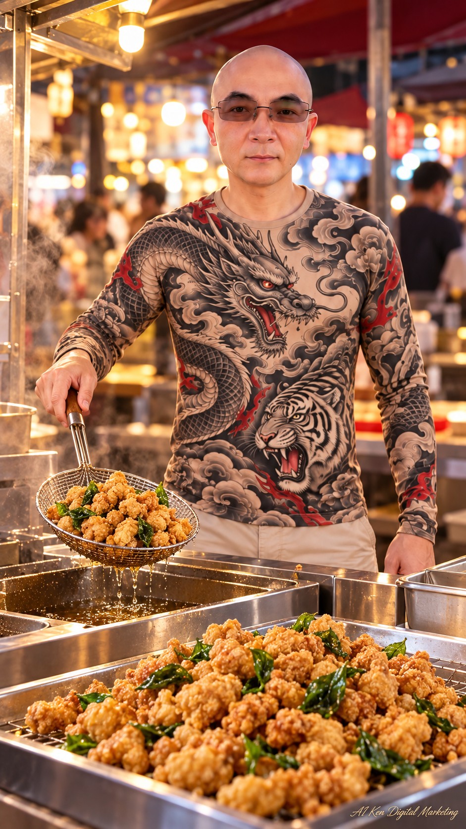 AI Ken holding a piece of Taiwanese popcorn chicken with chopsticks before tasting