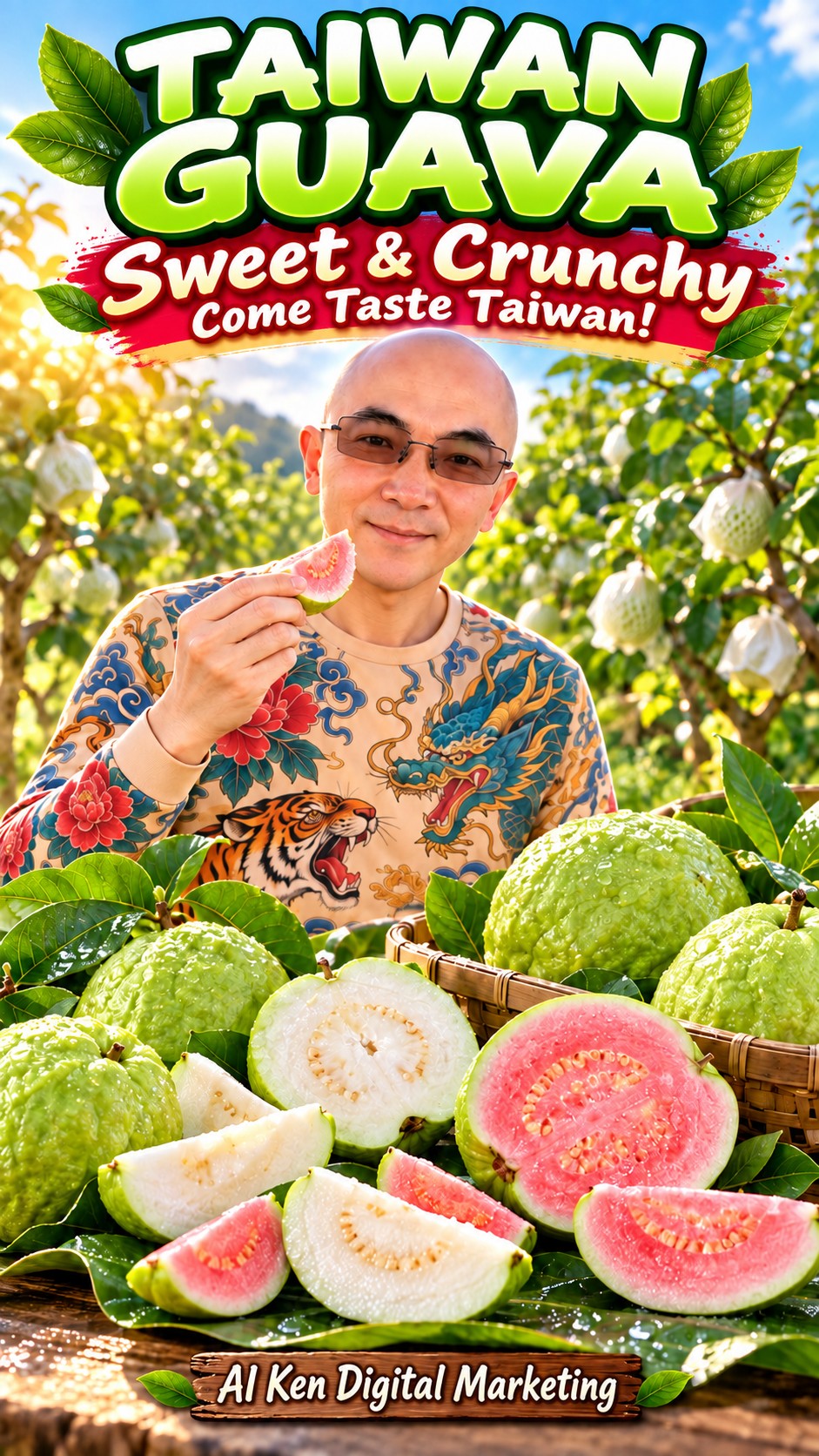 Taiwan guava introduction featuring fresh fruit and an orchard setting