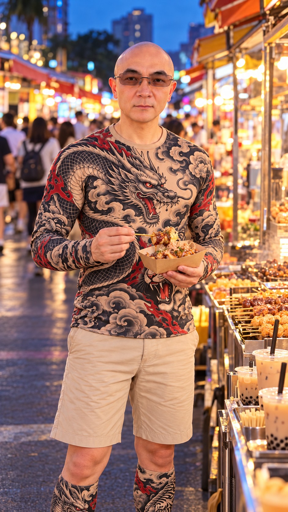 AI-generated Ruifeng Night Market food scene featuring AI Ken, street-food stalls, snacks, and bubble tea